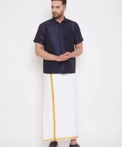 VASTRAMAY Men's Navy Blue And White Silk Blend Shirt And Mundu Set Pongal
