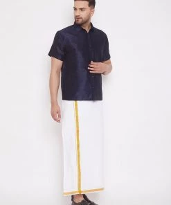 VASTRAMAY Men's Navy Blue And White Silk Blend Shirt And Mundu Set Pongal