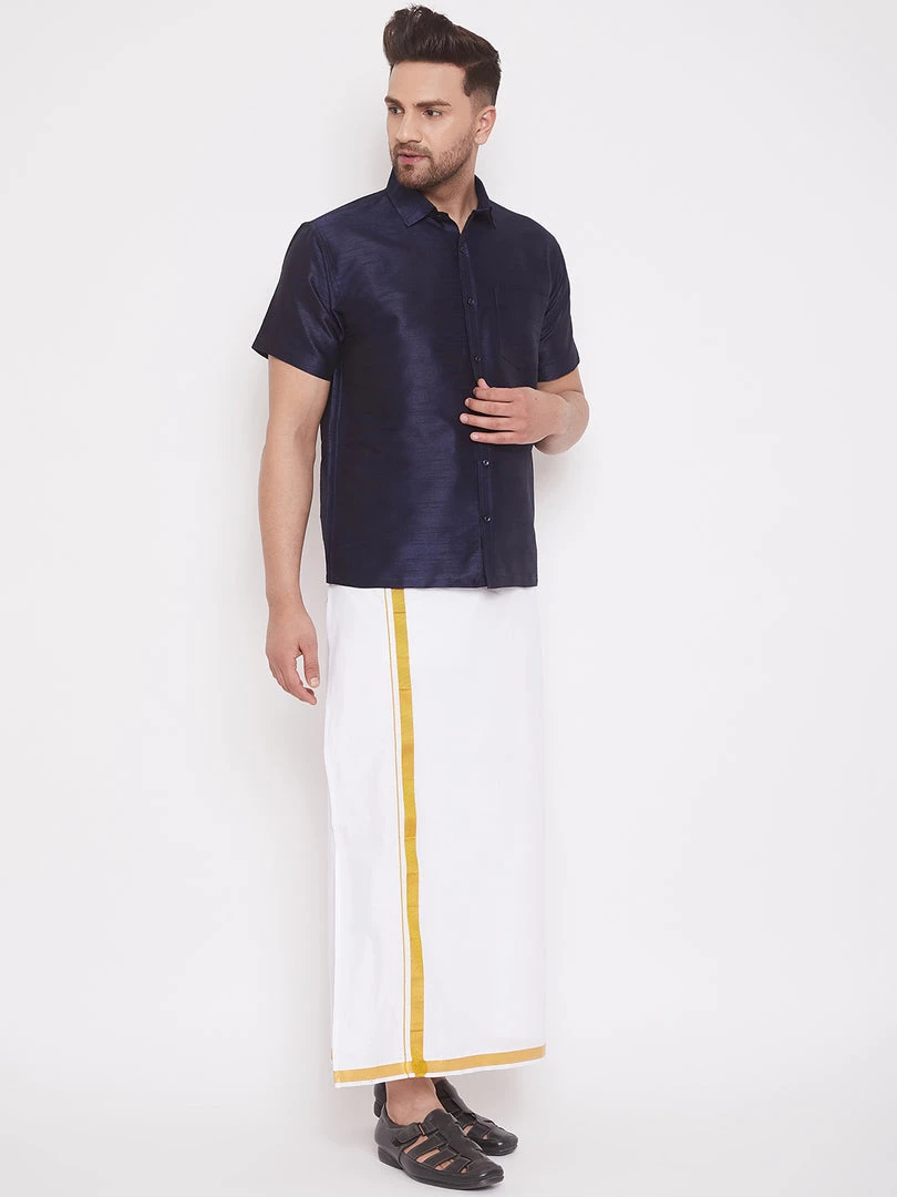 VASTRAMAY Men's Navy Blue And White Silk Blend Shirt And Mundu Set Pongal 4 VASTRAMAY Men's Navy Blue And White Silk Blend Shirt And Mundu Set Pongal