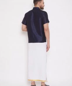 VASTRAMAY Men's Navy Blue And White Silk Blend Shirt And Mundu Set Pongal 11 VASTRAMAY Men's Navy Blue And White Silk Blend Shirt And Mundu Set Pongal