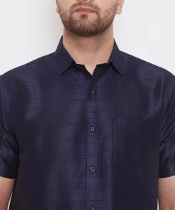 VASTRAMAY Men's Navy Blue And White Silk Blend Shirt And Mundu Set Pongal 12 VASTRAMAY Men's Navy Blue And White Silk Blend Shirt And Mundu Set Pongal