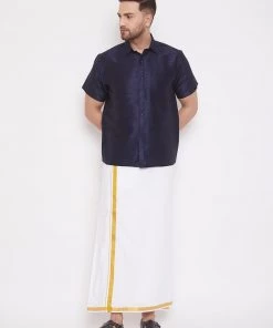 VASTRAMAY Men's Navy Blue And White Silk Blend Shirt And Mundu Set Pongal 14 VASTRAMAY Men's Navy Blue And White Silk Blend Shirt And Mundu Set Pongal