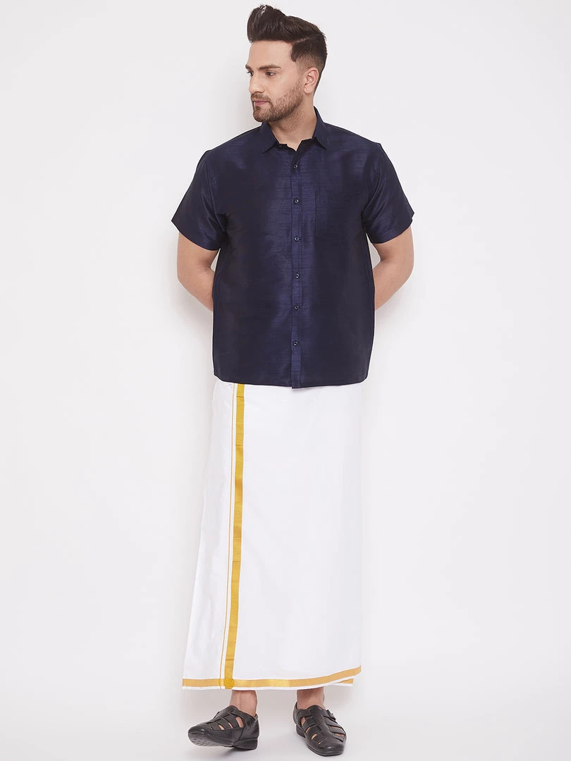 VASTRAMAY Men's Navy Blue And White Silk Blend Shirt And Mundu Set Pongal 8 VASTRAMAY Men's Navy Blue And White Silk Blend Shirt And Mundu Set Pongal