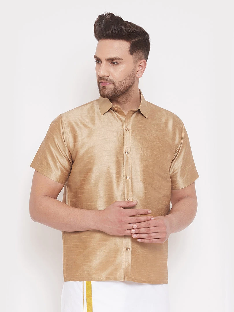 VASTRAMAY Men's Gold Silk Blend Ethnic Shirt 3 VASTRAMAY Men's Gold Silk Blend Ethnic Shirt