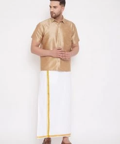 VASTRAMAY Men's Rose Gold And White Silk Blend Shirt And Mundu Set Pongal
