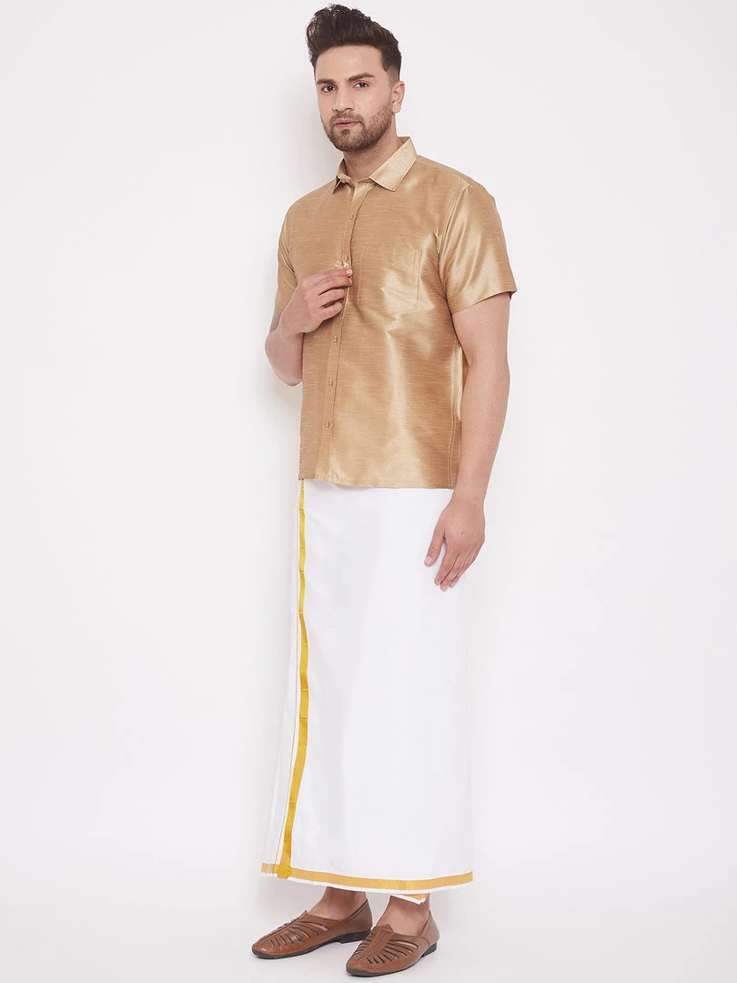 VASTRAMAY Men's Rose Gold And White Silk Blend Shirt And Mundu Set Pongal 4 VASTRAMAY Men's Rose Gold And White Silk Blend Shirt And Mundu Set Pongal