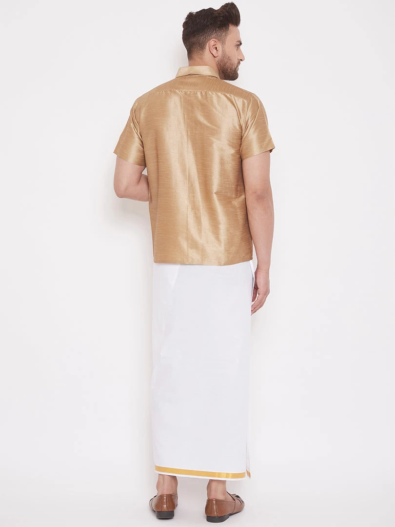 VASTRAMAY Men's Rose Gold And White Silk Blend Shirt And Mundu Set Pongal 5 VASTRAMAY Men's Rose Gold And White Silk Blend Shirt And Mundu Set Pongal