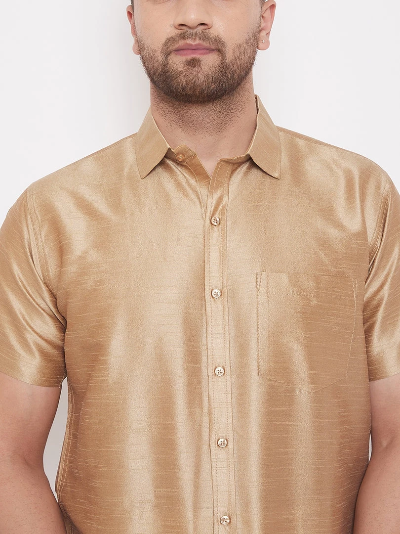 VASTRAMAY Men's Rose Gold And White Silk Blend Shirt And Mundu Set Pongal 6 VASTRAMAY Men's Rose Gold And White Silk Blend Shirt And Mundu Set Pongal