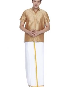 Vastramay Rakhi Men's Gold Cotton Silk Blend Shirt And Dhoti Set
