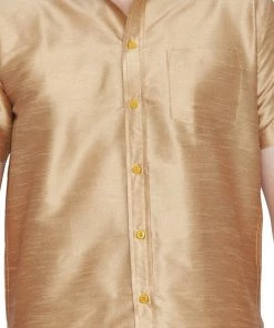 Vastramay Rakhi Men's Gold Cotton Silk Blend Shirt And Dhoti Set