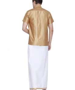 Vastramay Rakhi Men's Gold Cotton Silk Blend Shirt And Dhoti Set