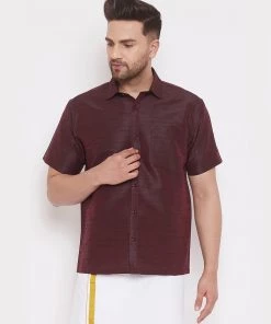 Vastramay Men's Wine Silk Blend Ethnic Shirt