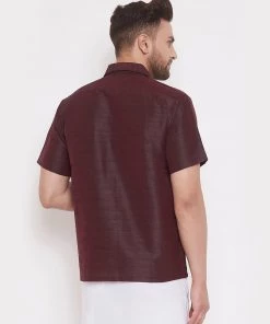 Vastramay Men's Wine Silk Blend Ethnic Shirt