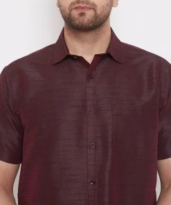 Vastramay Men's Wine Silk Blend Ethnic Shirt