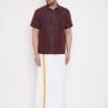 VASTRAMAY Men's Wine And White Silk Blend Shirt And Mundu Set Pongal