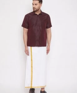 VASTRAMAY Men's Wine And White Silk Blend Shirt And Mundu Set Pongal
