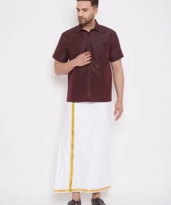VASTRAMAY Men's Wine And White Silk Blend Shirt And Mundu Set Pongal