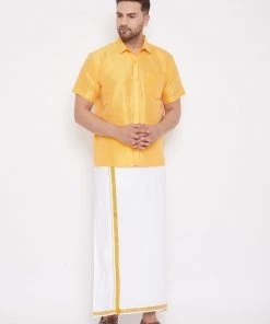 Pongal VASTRAMAY Men's Yellow And White Silk Blend Shirt And Mundu Set