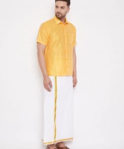 Pongal VASTRAMAY Men's Yellow And White Silk Blend Shirt And Mundu Set