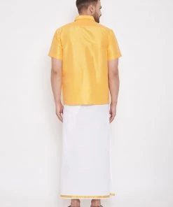 Pongal VASTRAMAY Men's Yellow And White Silk Blend Shirt And Mundu Set