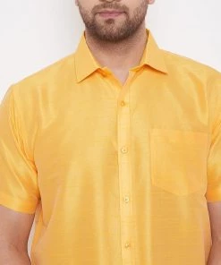 Pongal VASTRAMAY Men's Yellow And White Silk Blend Shirt And Mundu Set