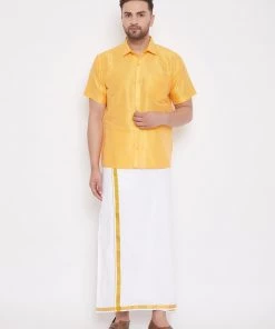 Pongal VASTRAMAY Men's Yellow And White Silk Blend Shirt And Mundu Set