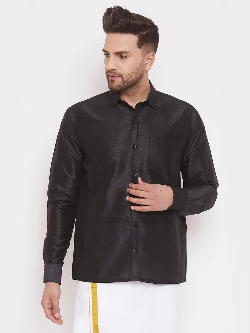 VASTRAMAY Men's Black Silk Blend Ethnic Shirt 3 VASTRAMAY Men's Black Silk Blend Ethnic Shirt