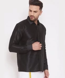 VASTRAMAY Men's Black Silk Blend Ethnic Shirt