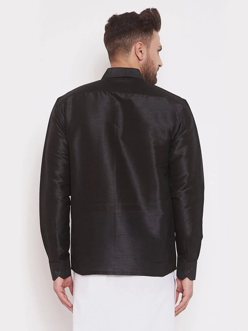 VASTRAMAY Men's Black Silk Blend Ethnic Shirt 5 VASTRAMAY Men's Black Silk Blend Ethnic Shirt