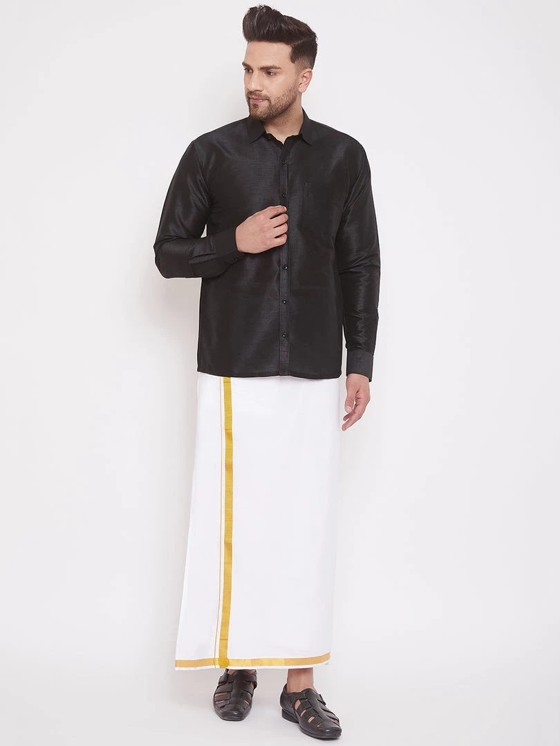 Pongal VASTRAMAY Men's Black And White Silk Blend Shirt And Mundu Set 3 Pongal VASTRAMAY Men's Black And White Silk Blend Shirt And Mundu Set