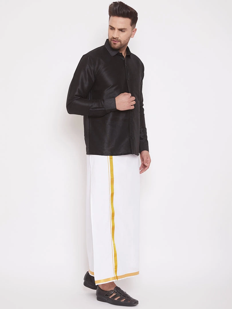 Pongal VASTRAMAY Men's Black And White Silk Blend Shirt And Mundu Set 4 Pongal VASTRAMAY Men's Black And White Silk Blend Shirt And Mundu Set
