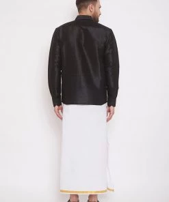 Pongal VASTRAMAY Men's Black And White Silk Blend Shirt And Mundu Set 11 Pongal VASTRAMAY Men's Black And White Silk Blend Shirt And Mundu Set
