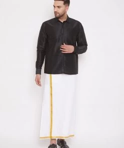 Pongal VASTRAMAY Men's Black And White Silk Blend Shirt And Mundu Set 14 Pongal VASTRAMAY Men's Black And White Silk Blend Shirt And Mundu Set