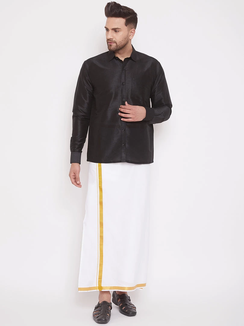Pongal VASTRAMAY Men's Black And White Silk Blend Shirt And Mundu Set 8 Pongal VASTRAMAY Men's Black And White Silk Blend Shirt And Mundu Set
