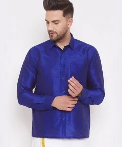 Vastramay Men's Blue Silk Blend Ethnic Shirt