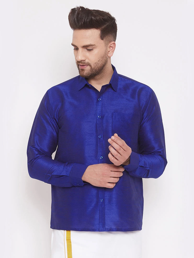 Vastramay Men's Blue Silk Blend Ethnic Shirt 3 Vastramay Men's Blue Silk Blend Ethnic Shirt
