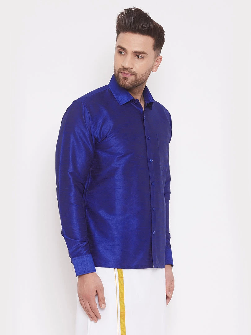 Vastramay Men's Blue Silk Blend Ethnic Shirt 4 Vastramay Men's Blue Silk Blend Ethnic Shirt