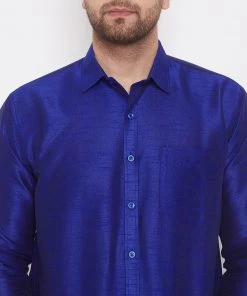 Vastramay Men's Blue Silk Blend Ethnic Shirt 11 Vastramay Men's Blue Silk Blend Ethnic Shirt