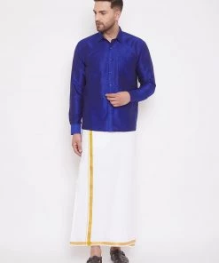 VASTRAMAY Men's Blue And White Silk Blend Shirt And Mundu Set