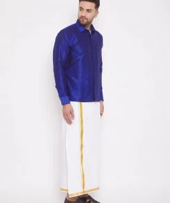 VASTRAMAY Men's Blue And White Silk Blend Shirt And Mundu Set