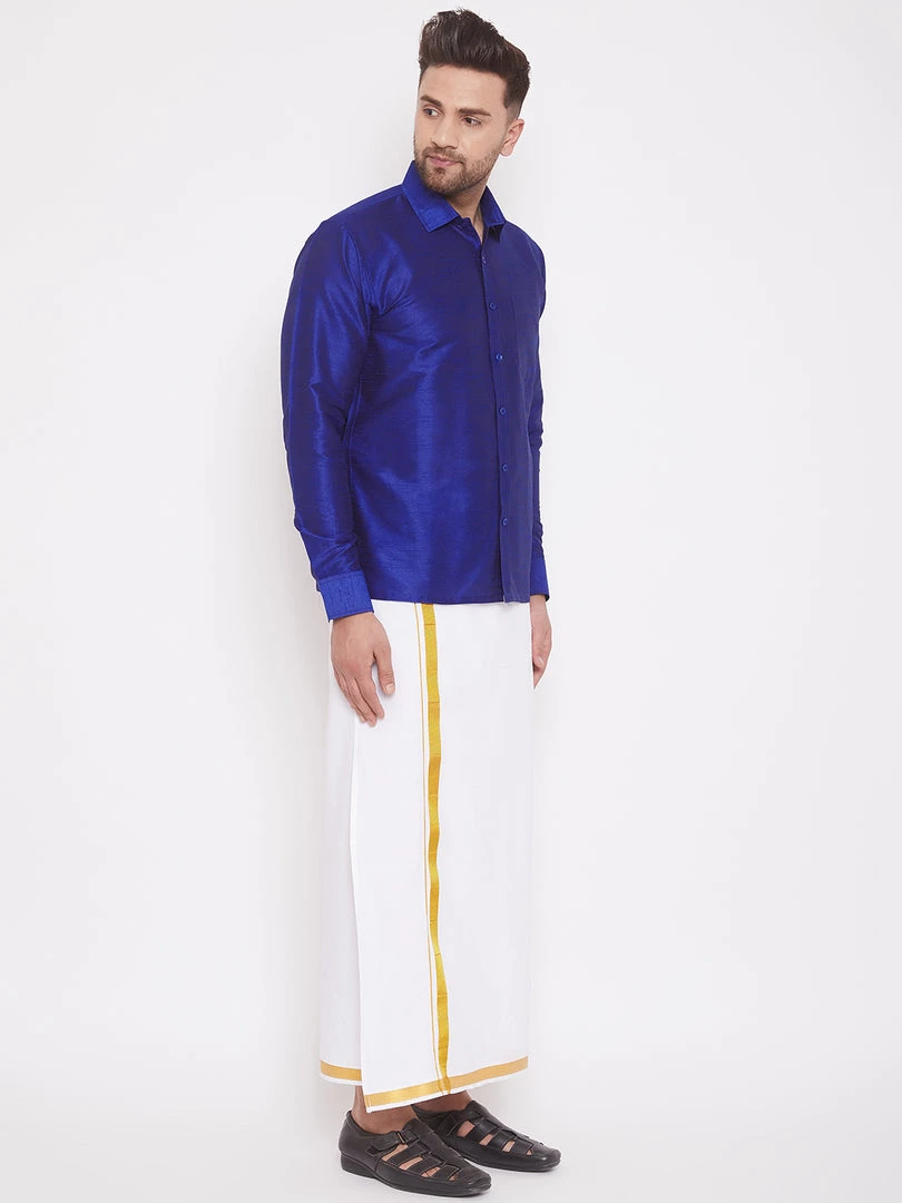 VASTRAMAY Men's Blue And White Silk Blend Shirt And Mundu Set 4 VASTRAMAY Men's Blue And White Silk Blend Shirt And Mundu Set
