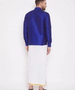 VASTRAMAY Men's Blue And White Silk Blend Shirt And Mundu Set 11 VASTRAMAY Men's Blue And White Silk Blend Shirt And Mundu Set