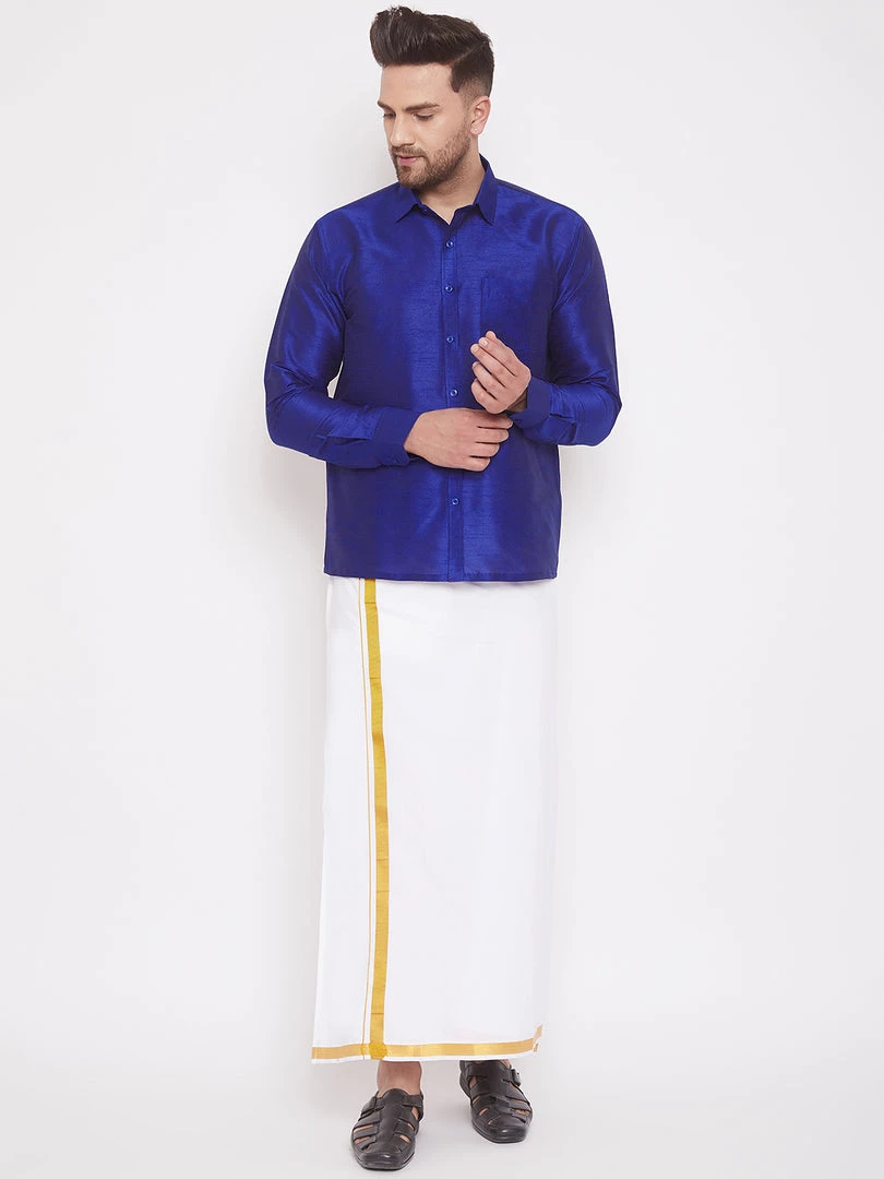 VASTRAMAY Men's Blue And White Silk Blend Shirt And Mundu Set 8 VASTRAMAY Men's Blue And White Silk Blend Shirt And Mundu Set