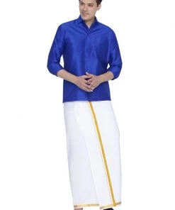 Vastramay Men's Blue Cotton Silk Blend Shirt And Dhoti Set Rakhi