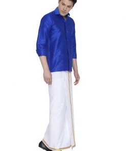 Vastramay Men's Blue Cotton Silk Blend Shirt And Dhoti Set Rakhi