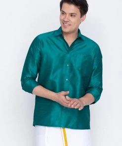 VASTRAMAY Men's Green Silk Blend Ethnic Shirt