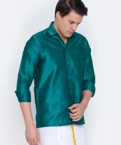 VASTRAMAY Men's Green Silk Blend Ethnic Shirt