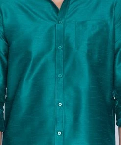 VASTRAMAY Men's Green Silk Blend Ethnic Shirt