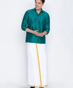 VASTRAMAY Men's Green Silk Blend Ethnic Shirt
