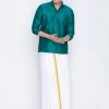 VASTRAMAY Men's Green Cotton Silk Blend Shirt And Mundu Set Rakhi